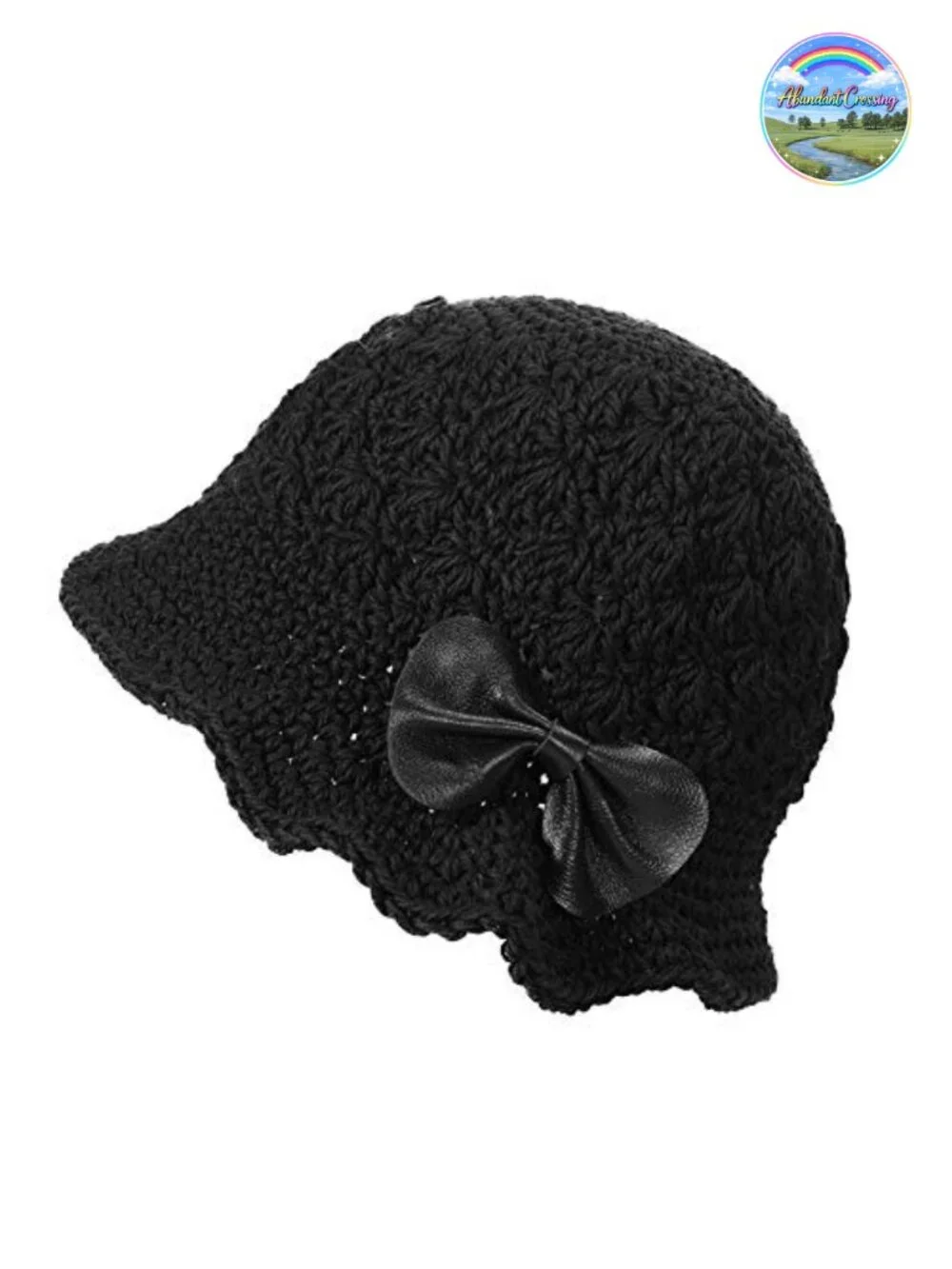 Hand Knitted Crochet Bucket Hat 100% Cotton Leather Bowknot Sun Hat